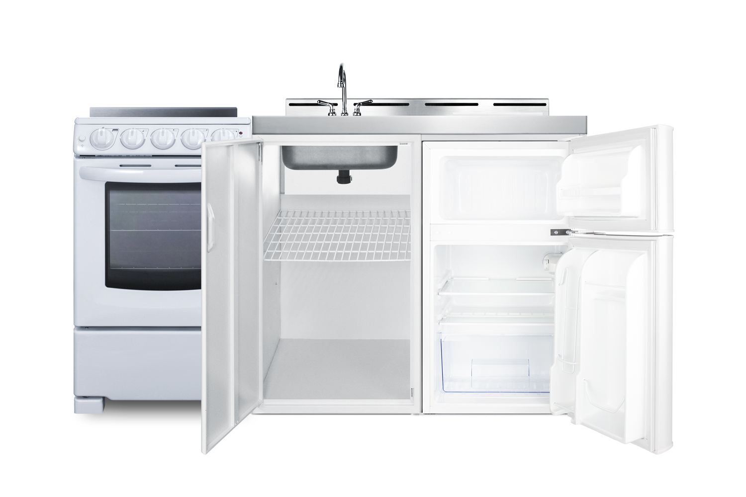 60 inch wide all-in-one kitchenette with 4-burner 220V smooth-top electric range, refrigerator-freezer sink, cutting board and cutlery storage, and a storage cabinet